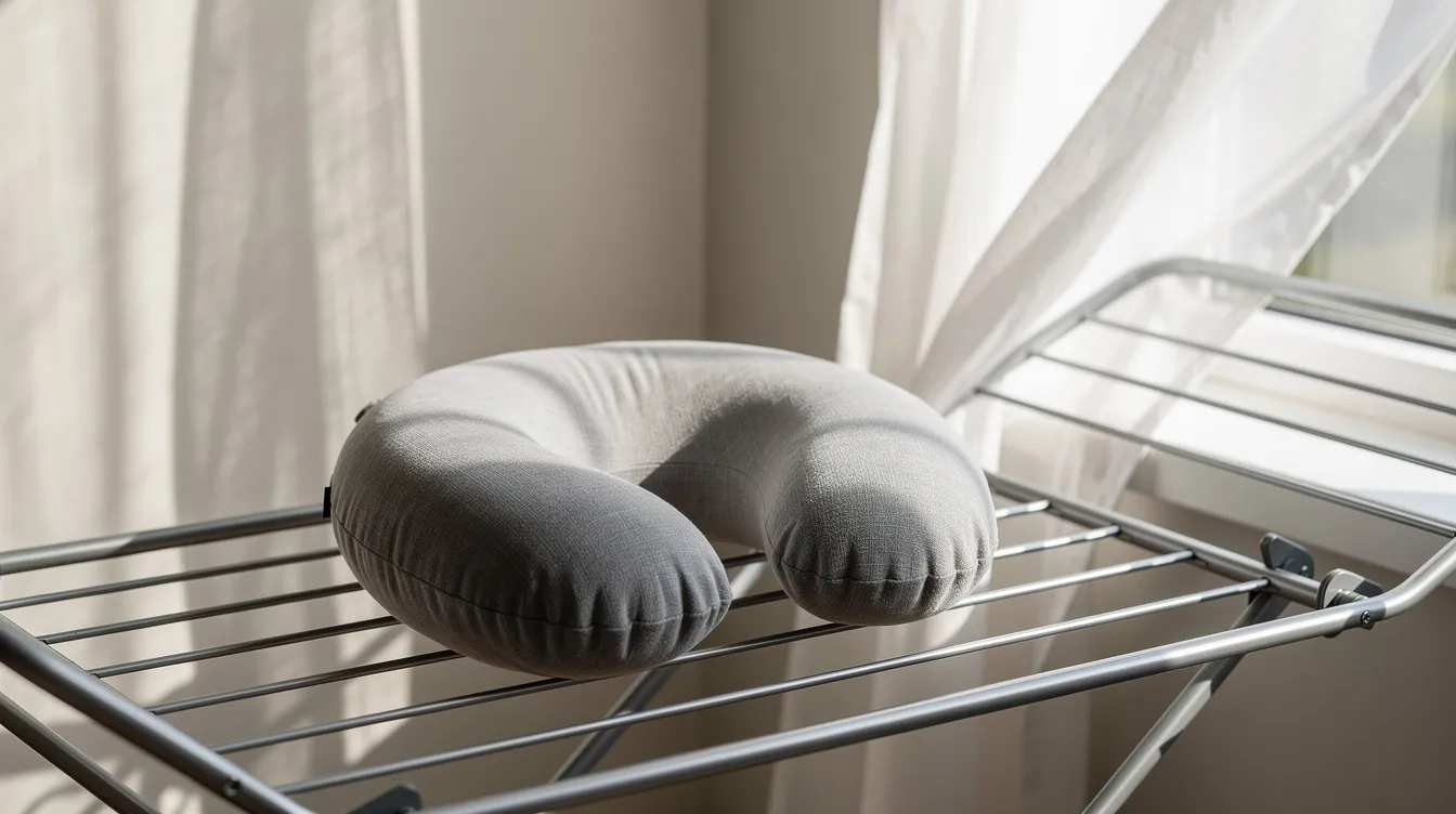 A travel neck pillow, made of memory foam, is resting on a drying rack near a bright open window, showcasing its soft texture and inviting shape. This well-ventilated area is perfect for air drying the pillow completely after following proper washing instructions with mild detergent.