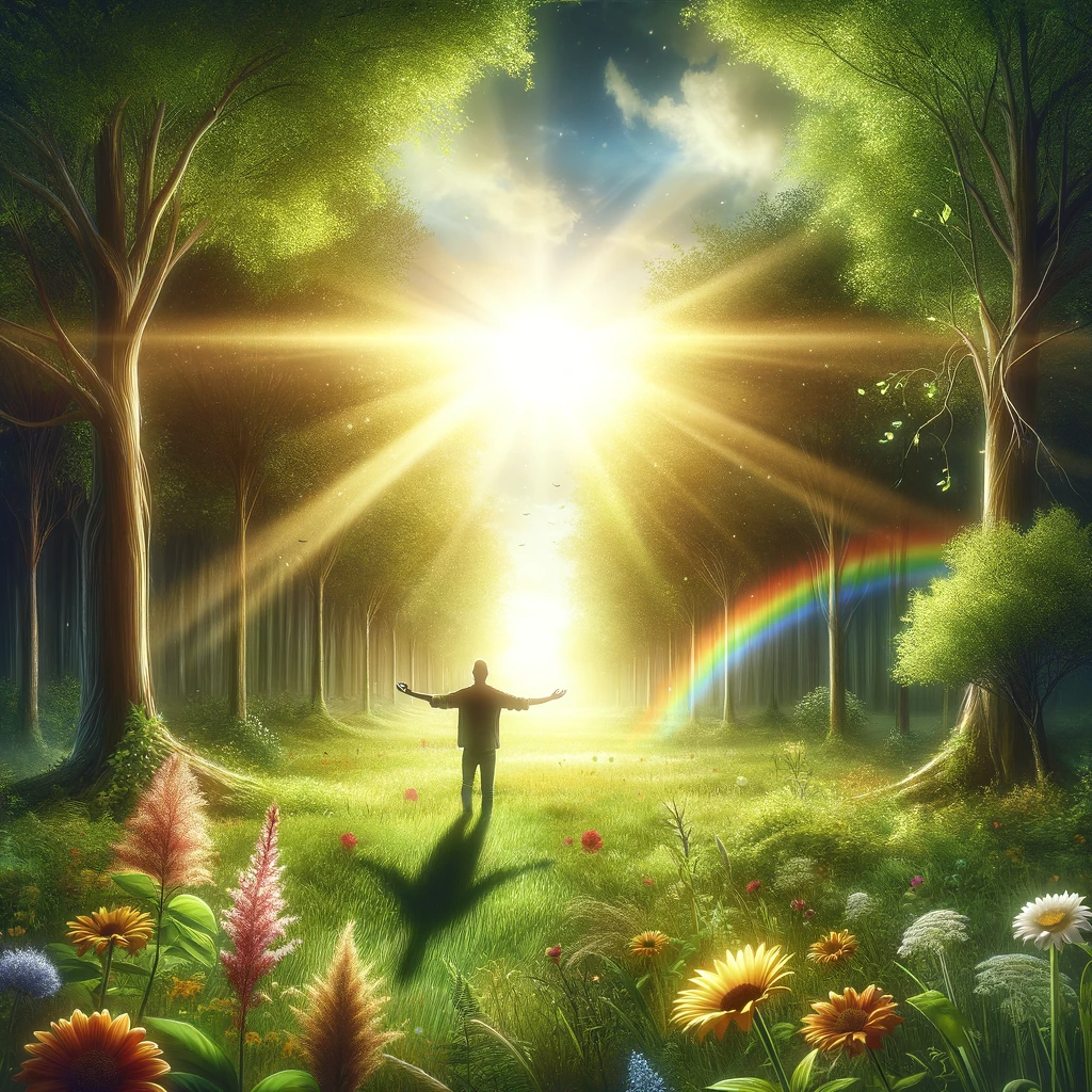 AI generated image of man walking through nature into shining sun and beautiful rainbow.