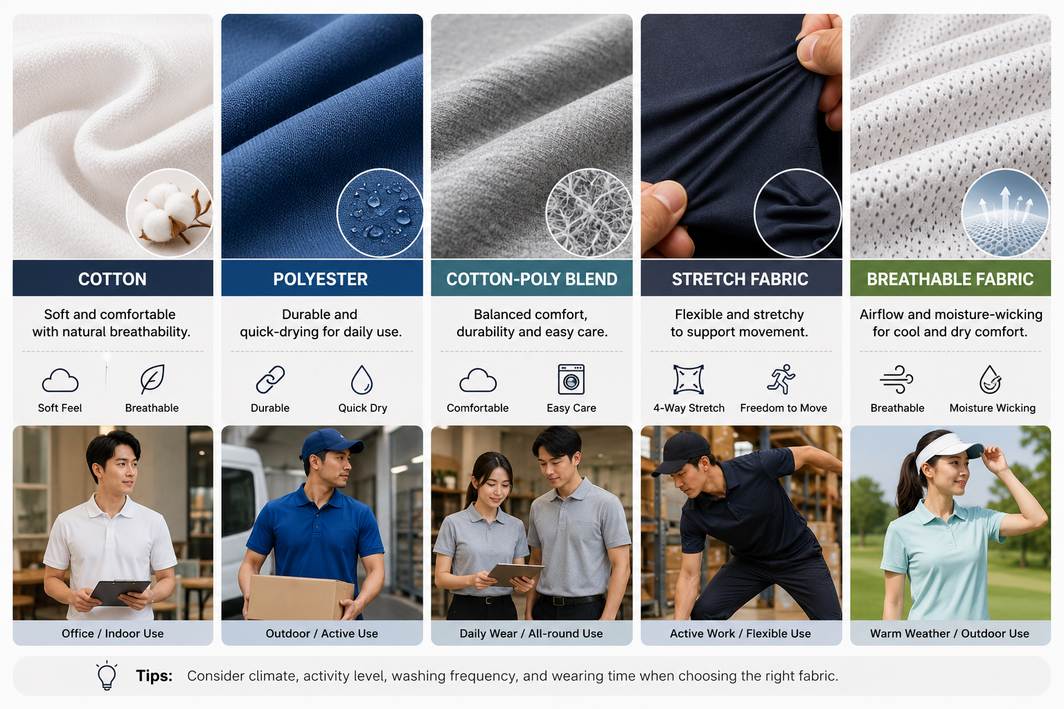 Uniform fabric comparison showing cotton, polyester, cotton-poly blends, stretch fabric, and breathable fabric for different work conditions
