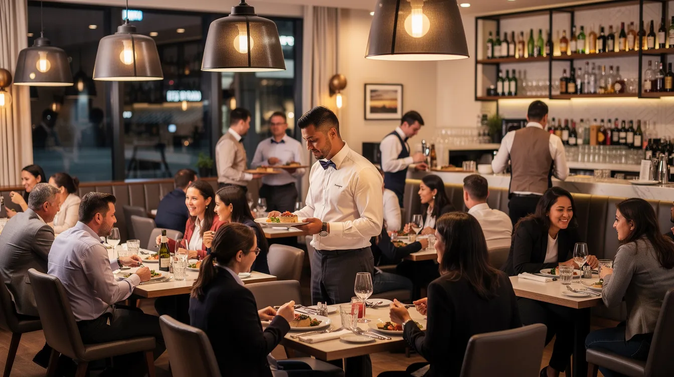 The image depicts a bustling restaurant scene with partially filled tables, where staff members are actively serving customers. This lively atmosphere highlights the importance of employee retention, as many businesses seek to maintain operations and adapt during challenging times, such as the COVID-19 pandemic.