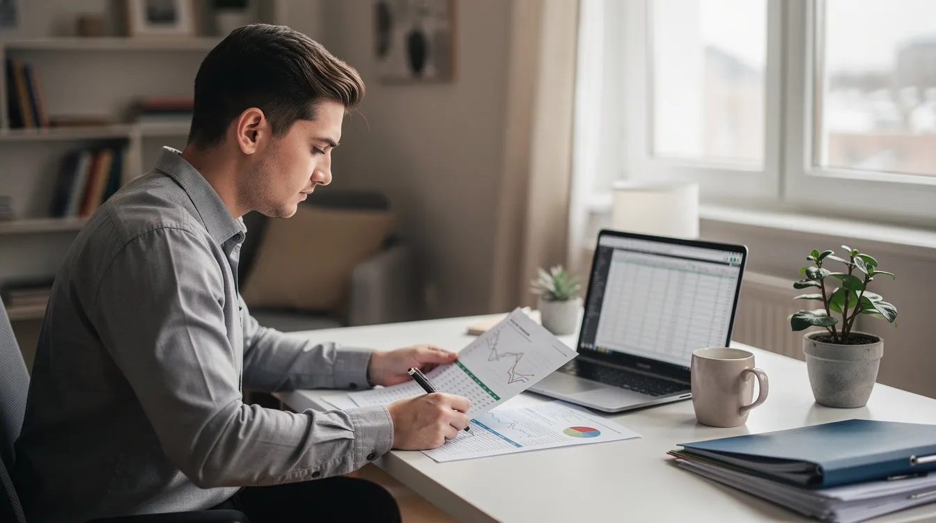 A young professional is seated at a home office desk, reviewing financial documents on a laptop, which may include details like APR and repayment plans related to 二線 清 數. The workspace is organized, reflecting a focus on managing personal finances effectively.
