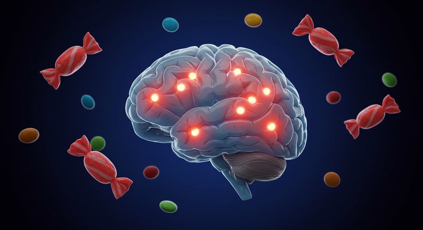 A picture showing a brain with glowing areas linked to pleasure