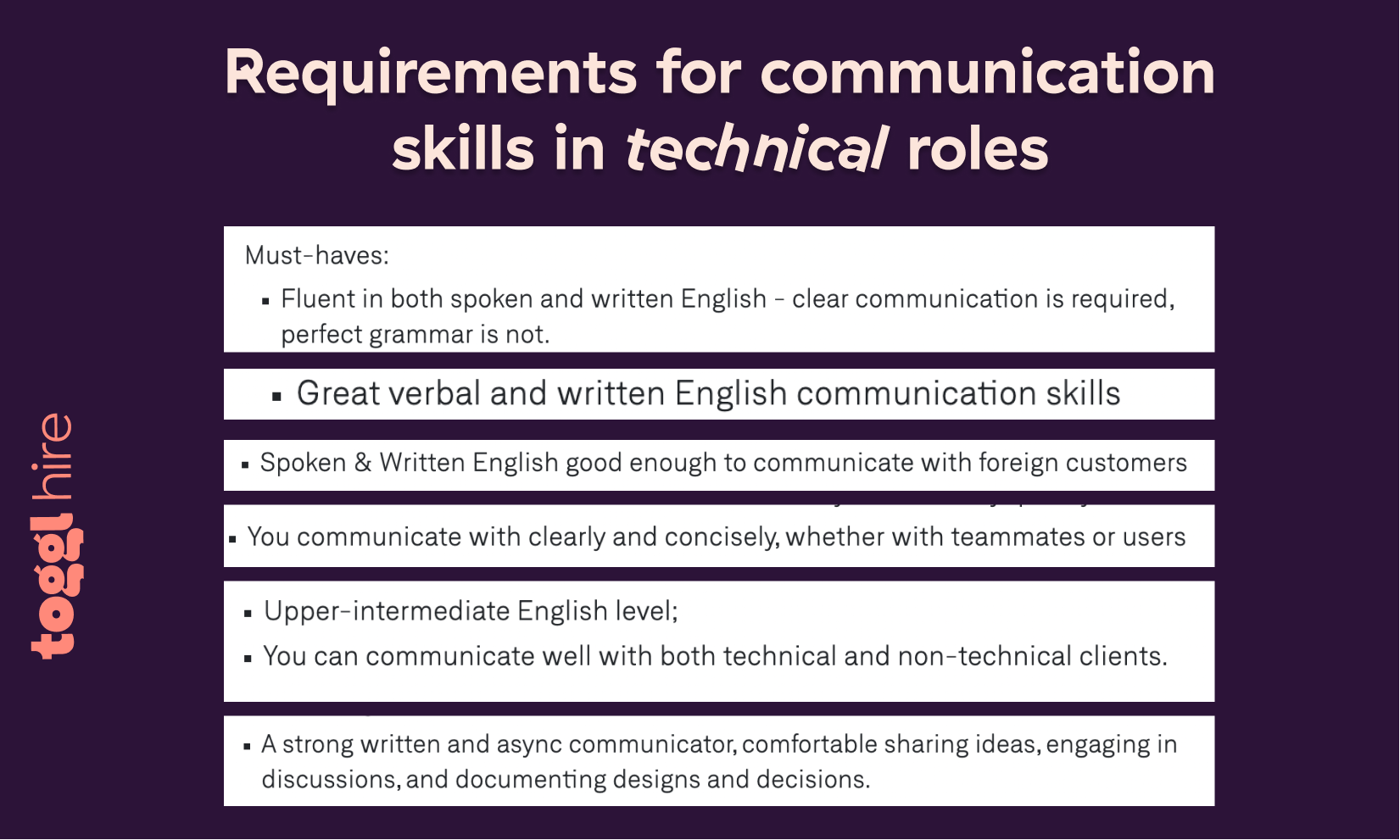 Most job descriptions for technical roles list communication skills as must-haves. 