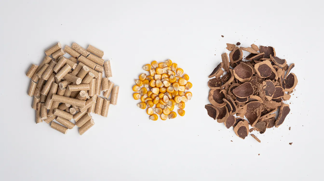 The image features an arrangement of biodegradable cat litter materials, including pine pellets, corn kernels, and walnut shell fragments, all set against a white background. This natural cat litter offers an eco-friendly alternative for cat owners looking for effective odor control and moisture absorption in their litter boxes.