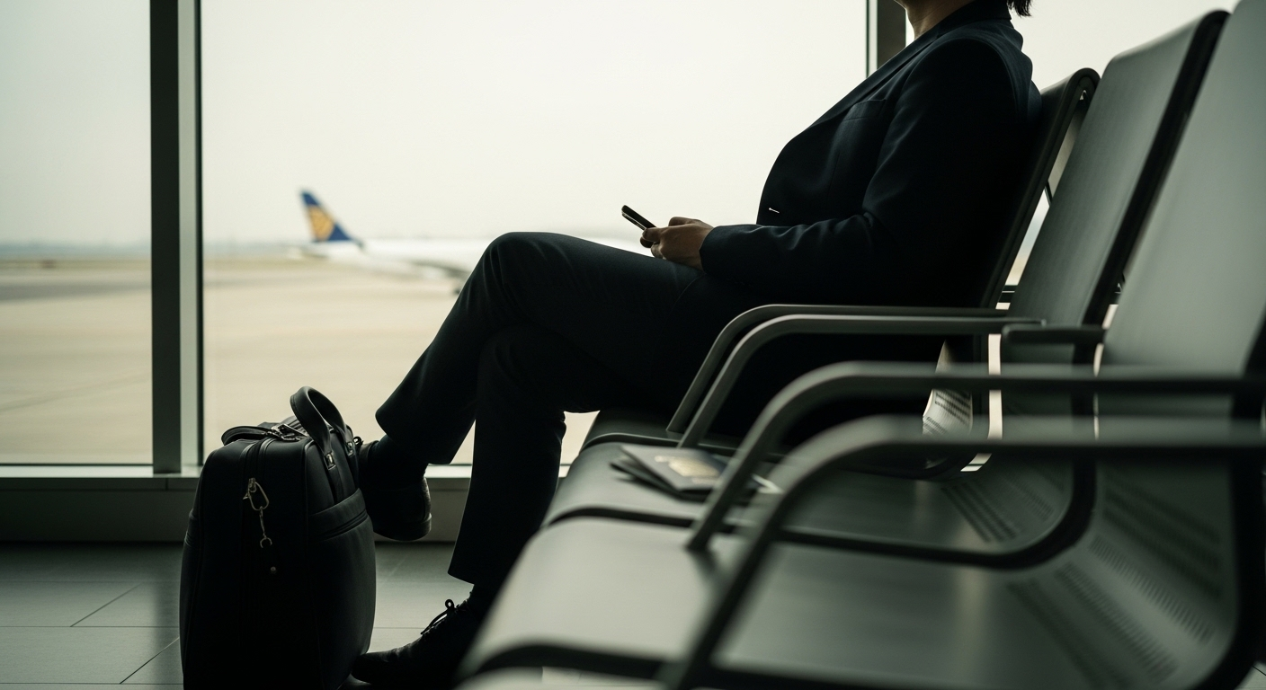 Calm pre-flight moment for a business class traveler relaxing at the airport before boarding a long-haul flight.