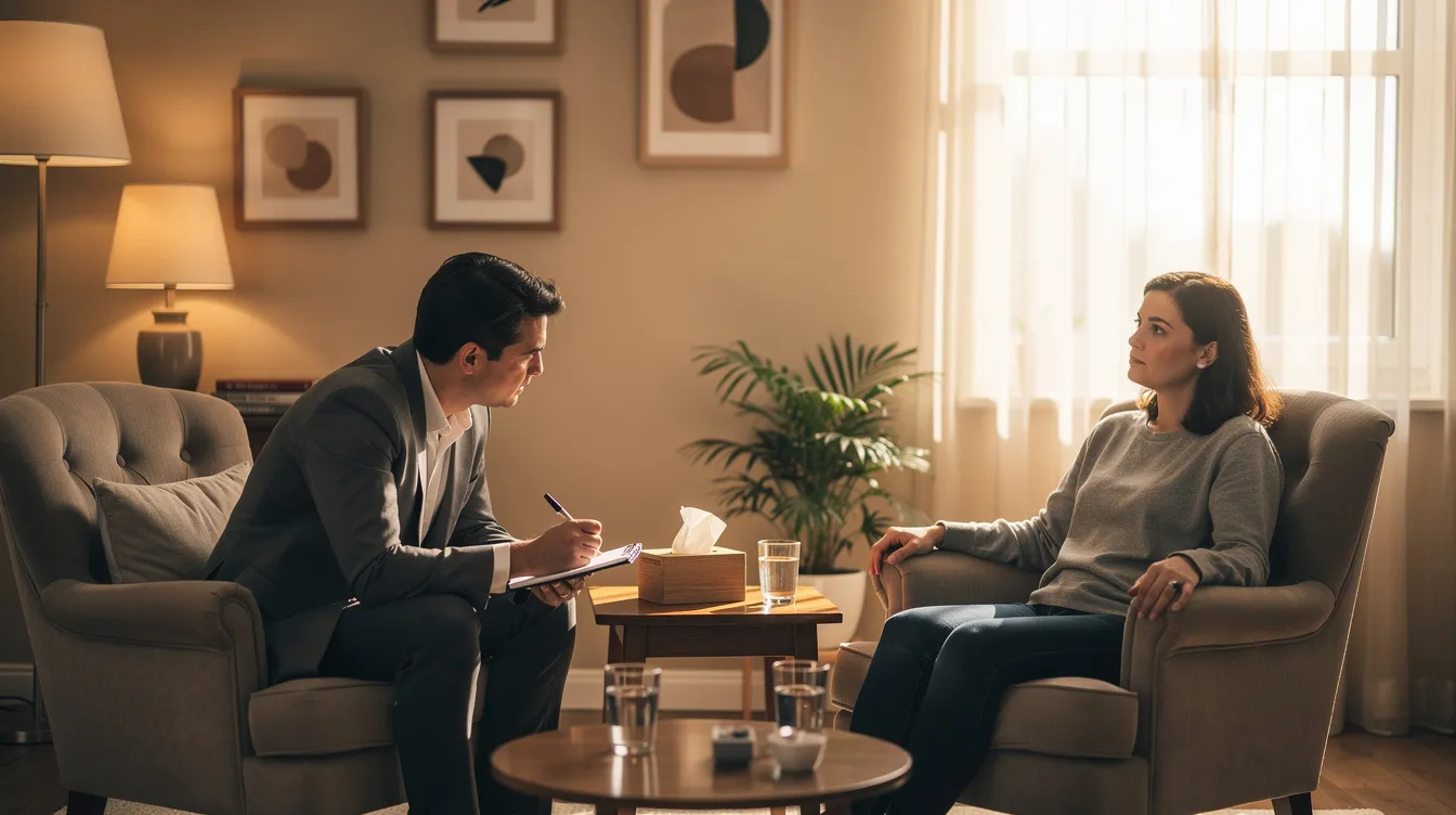In a warmly lit therapy room, two individuals sit comfortably in chairs, engaging in a calm conversation that fosters emotional wellbeing. This safe and confidential environment promotes active listening and the development of coping strategies, essential elements in counselling and psychotherapy.