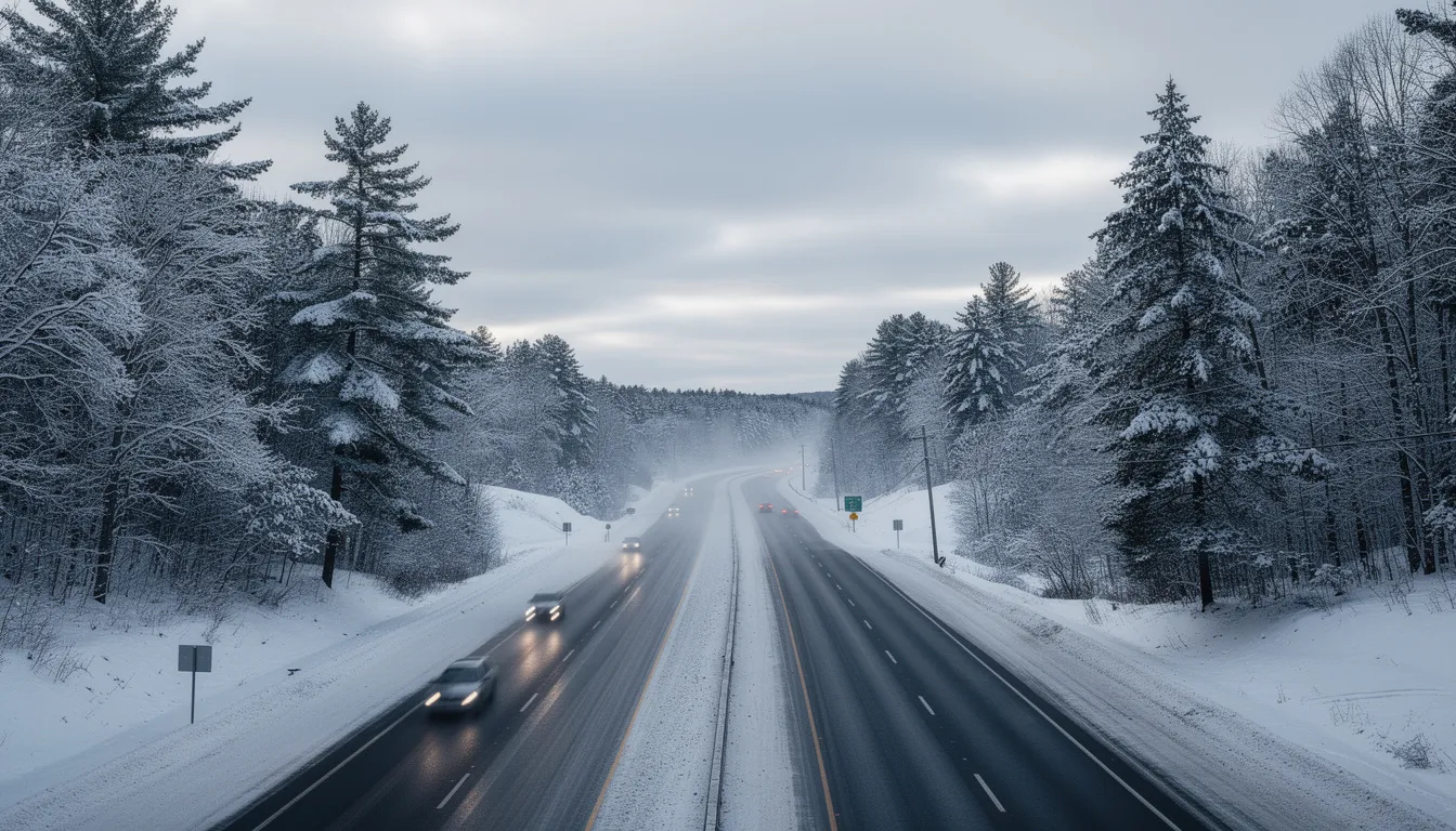 The image depicts a snowy New England highway with multiple lanes, bordered by tall evergreen trees, creating a serene yet potentially hazardous driving environment. This scene serves as a reminder of the risks associated with winter driving, where car accidents can lead to serious injuries and the need for experienced car accident attorneys to navigate insurance claims and recovery.