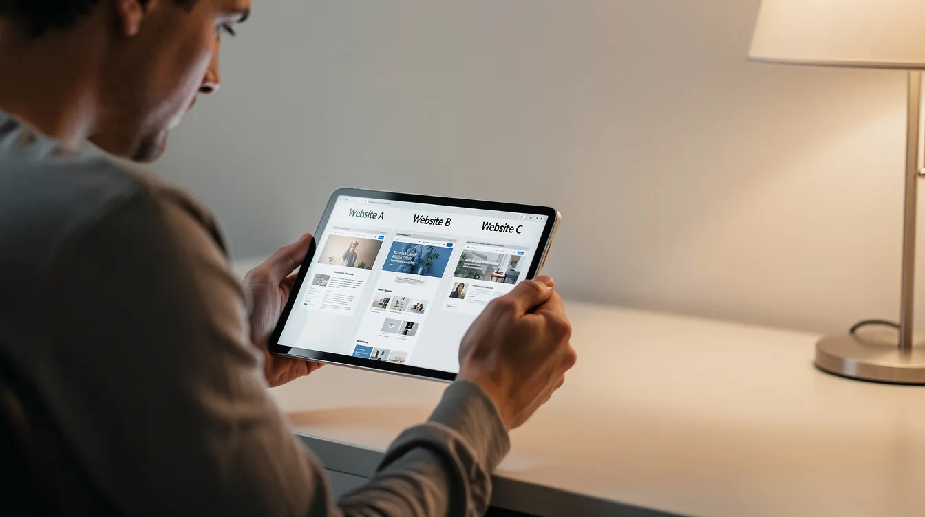 Eine Person sitzt entspannt und vergleicht verschiedene Websites auf einem Tablet, während sie nach Möglichkeiten sucht, durch Online-Umfragen Geld zu verdienen. Die ruhige Atmosphäre deutet darauf hin, dass sie sich intensiv mit den Angeboten der Umfrageportale beschäftigt.