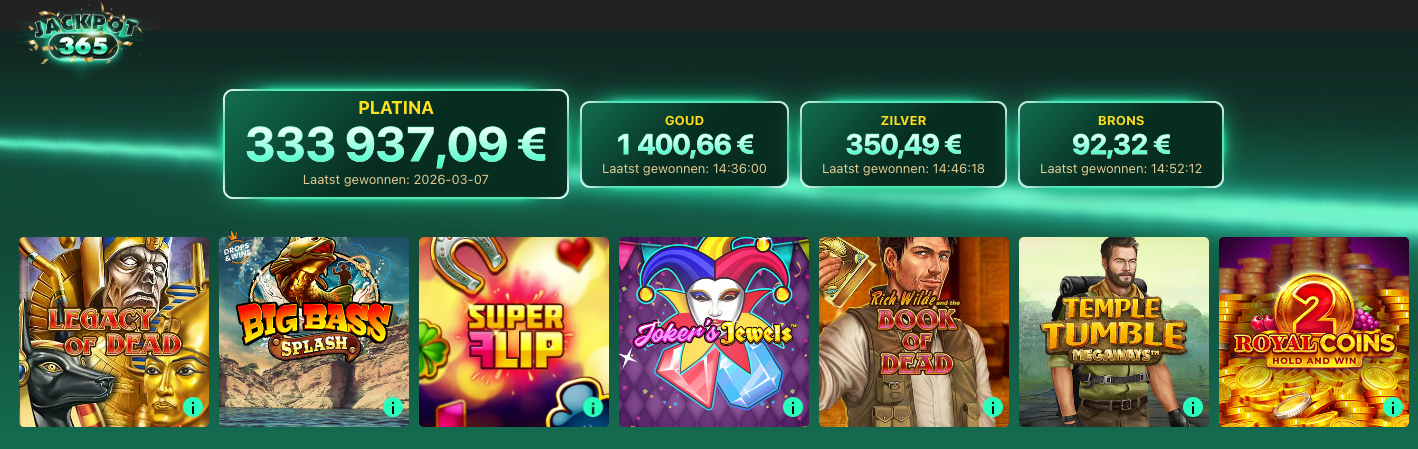 Overzicht van de bet365 Jackpot 365 progressieve jackpot, met prijzen zoals Platina, Goud, Zilver en Brons jackpots, gekoppeld aan populaire online slots zoals Big Bass Splash, Legacy of Dead en Temple Tumble Megaways.