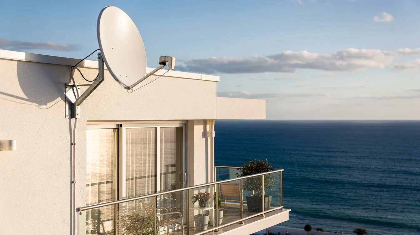 A satellite dish is mounted on the roof of a coastal apartment building, overlooking a scenic ocean view. This installation, performed by skilled DSTV installers in Sea Point, ensures high-quality signal reception for uninterrupted viewing of DSTV's multichoice channels.