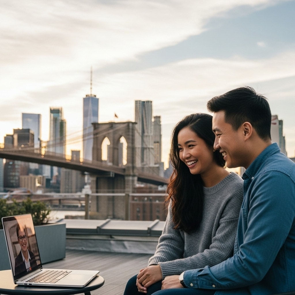 Asian couple in NYC, casual attire, doing online couples therapy in NYC in chic Brooklyn DUMBO apartment, laptop showing therapist, high-end decor, visible work-home tension