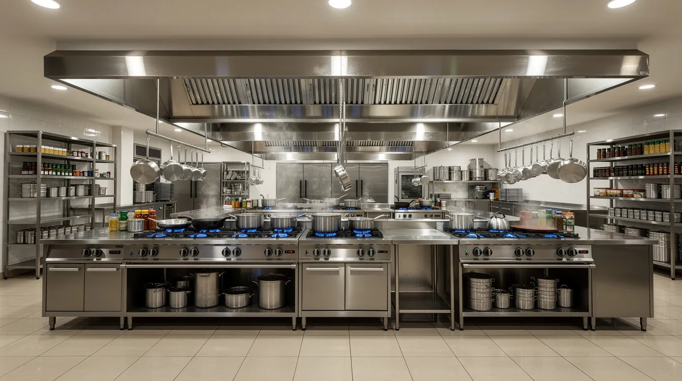 The image depicts a commercial hotel kitchen featuring stainless steel counters, multiple cooking ranges, and exhaust hoods, all designed for efficient food preparation and operational control. This setup highlights essential hotel kitchen equipment that ensures consistent quality and guest satisfaction in food service.