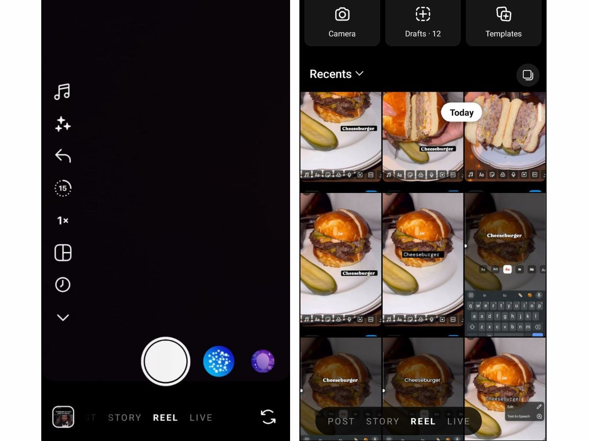 Screenshot showing a demo of how to add timed text to Instagram Reels using the Instagram app. Left side displays the Reels interface, and right side shows multiple gallery image thumbnails with 'Cheeseburger' text appearing at different times in the Reel