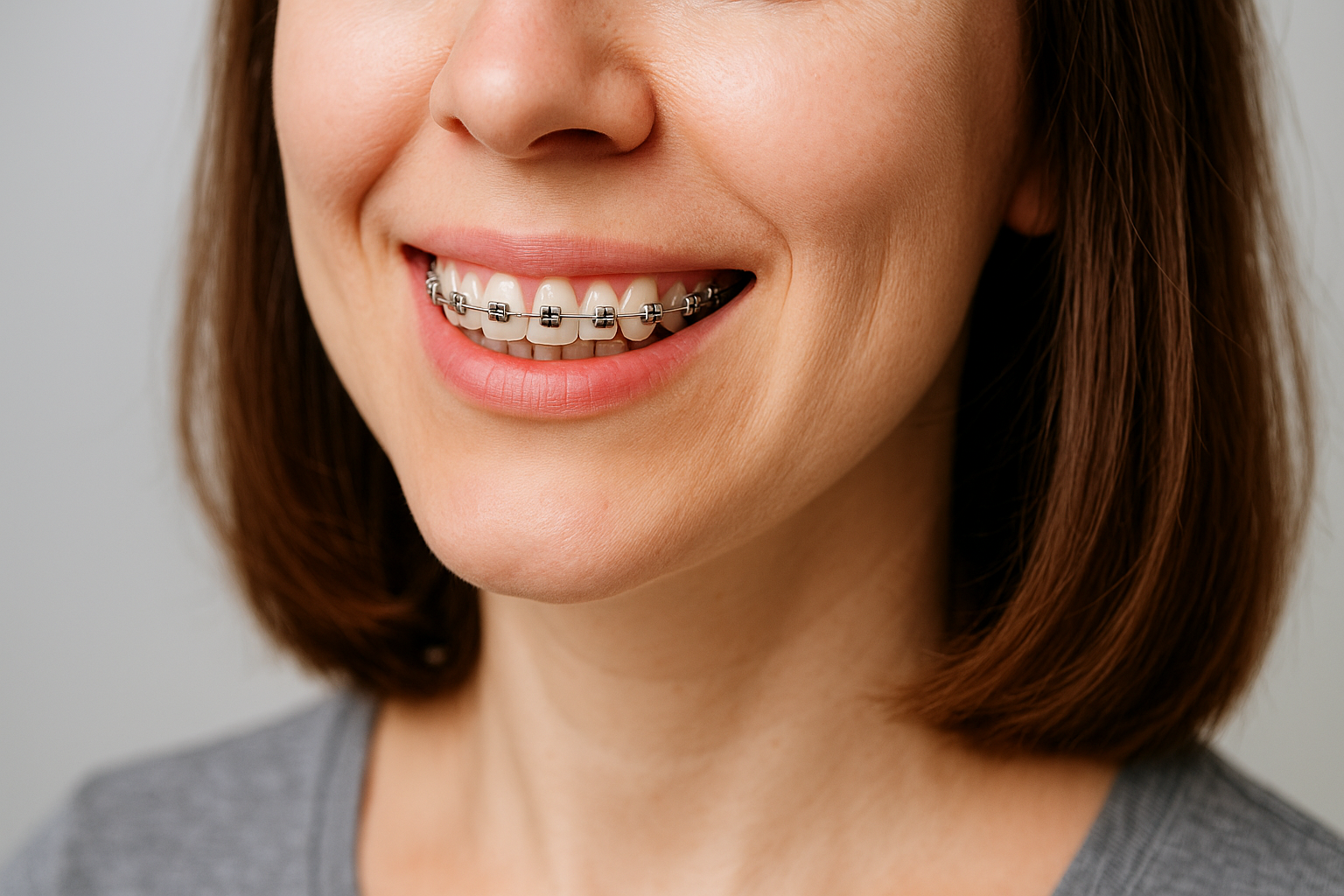 Smilende voksen kvinne med tannregulering viser metallskinner på overtennene, mot nøytral bakgrunn og naturlig lys.