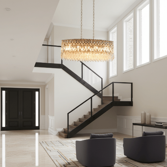 Modern gold crystal chandelier suspended in a bright open foyer, showcasing elegant foyer chandelier ideas for contemporary lighting design.