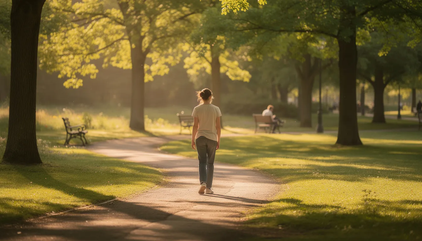 Une personne marche tranquillement dans un parc ensoleillé, profitant de l'air frais et de la nature