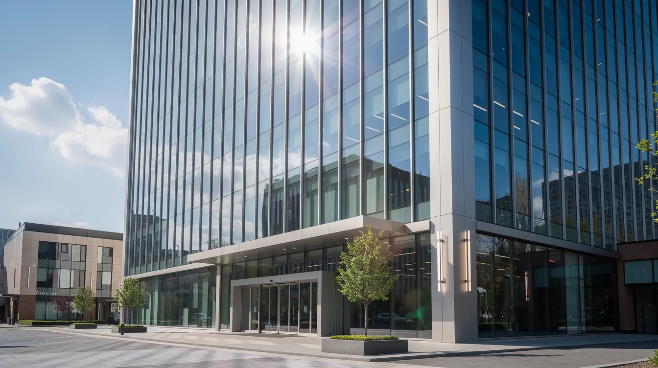 The image showcases a modern commercial building with a sleek, reflective glass facade that mirrors the clear blue sky. The building's design highlights advanced technology, providing exceptional heat rejection and UV protection through its tinted windows, which are ideal for reducing glare and enhancing visibility.