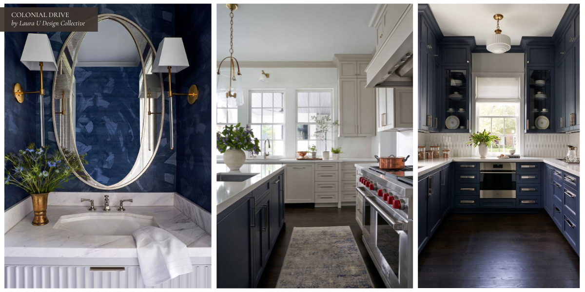 powder room, kitchen, and butler's pantry with blue