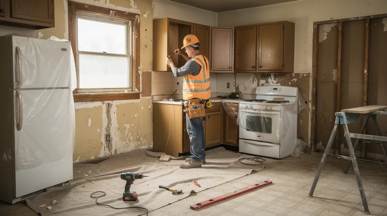 A construction worker is actively renovating a kitchen in an older residential property, surrounded by tools and materials that indicate the ongoing improvements. This renovation could enhance the property's value, making it a potential investment property for real estate investors seeking to increase rental income or improve their real estate portfolio.