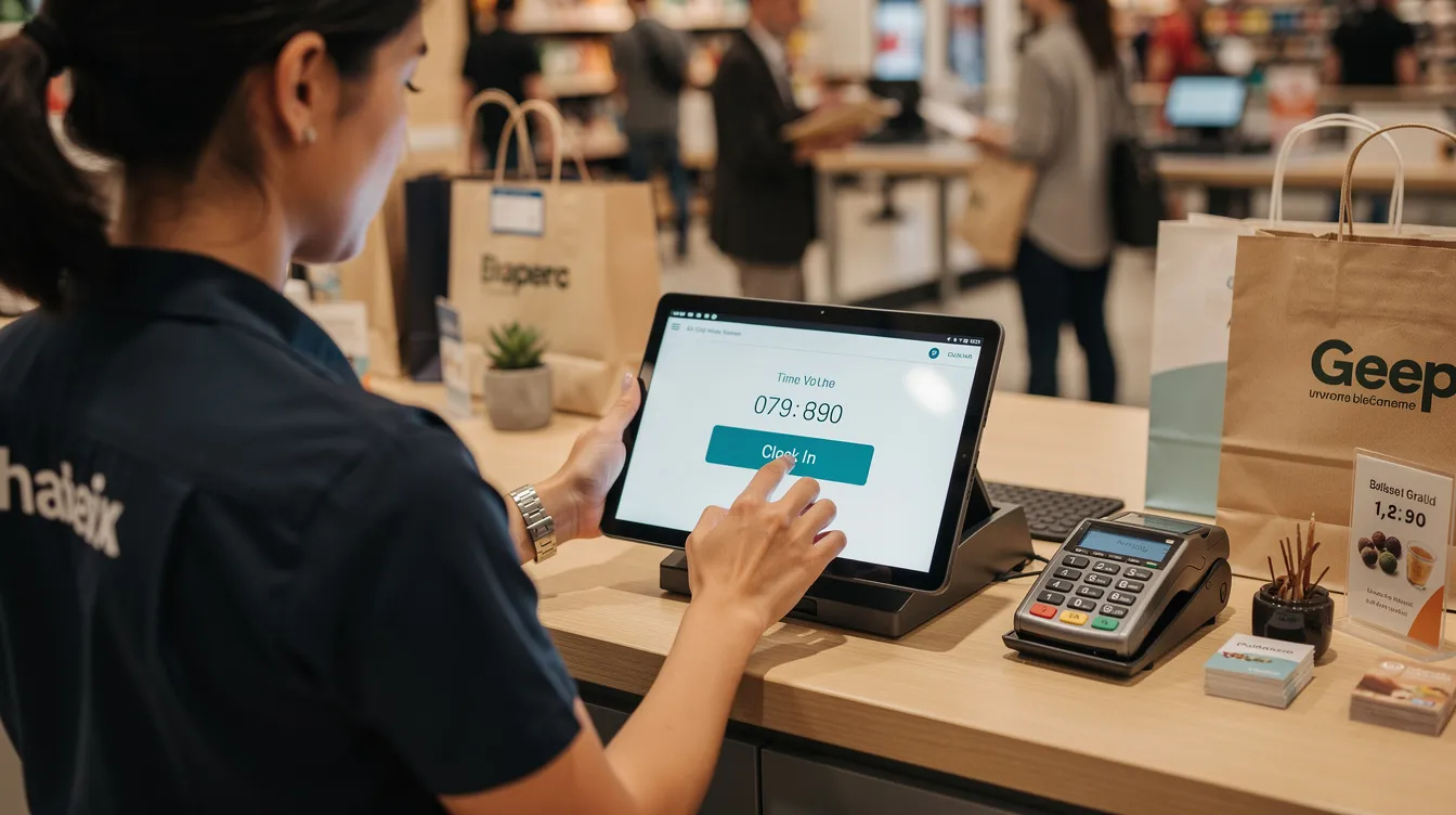 An employee is using a tablet to clock in at a retail store counter, utilizing attendance software to accurately track their work hours and streamline payroll processing. The scene highlights the integration of technology in managing employee attendance and ensuring compliance with labor laws.