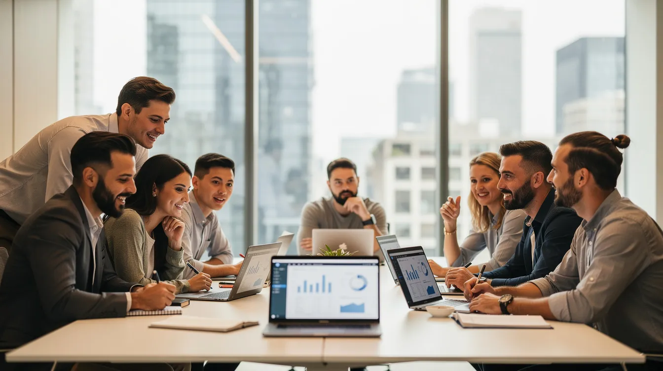 The image depicts a collaborative team meeting around a conference table, with several laptop screens displaying data and presentations. This setting emphasizes operational efficiency and the importance of streamlining processes through automation solutions, such as Microsoft 365 Copilot and Power Automate, to enhance business growth and improve data-driven decision-making.