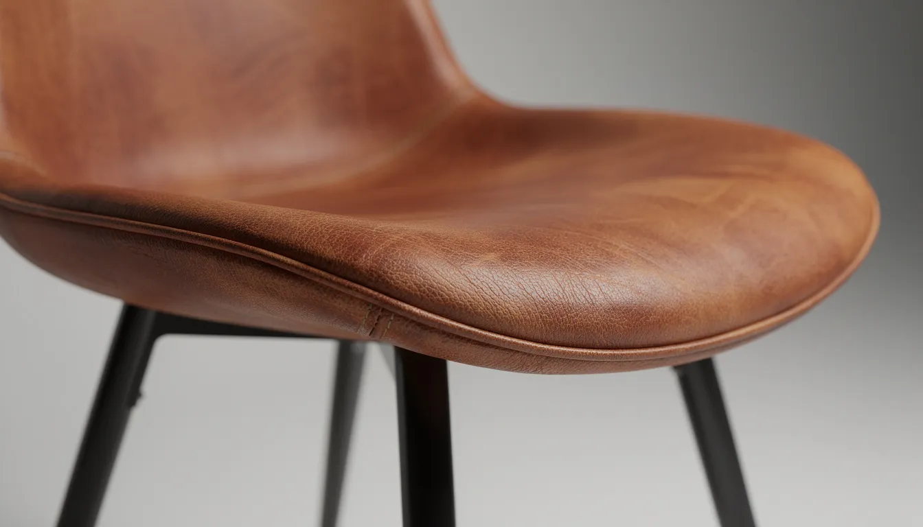 Close-up van een stijlvolle eetkamerstoel in volnerf leer, met een rijke cognac kleur en een opvallende textuur. Deze comfortabele stoel is perfect voor elke eetruimte en biedt een luxe uitstraling aan uw interieur.