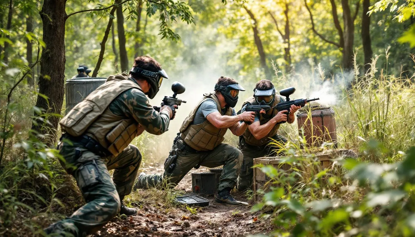 En grupp män deltar i paintball utomhus, klädda i kamouflage och beväpnade med paintball‑gevär, omgivna av träd och en livlig stämning. Den här scenen fångar spänningen från svensexa‑aktiviteter i Poznan, perfekt för en oförglömlig helg med bra sällskap.