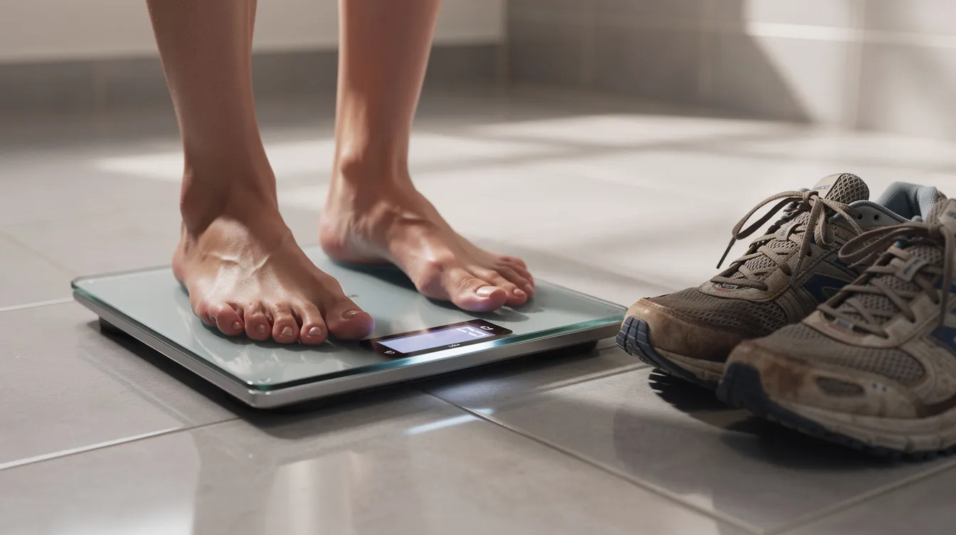A person is standing on a bathroom scale, checking their body weight, with a pair of running shoes placed nearby, suggesting a focus on weight management and possibly weight loss. The scene may imply a connection to semaglutide treatment, which aids in appetite suppression and sustained weight loss.