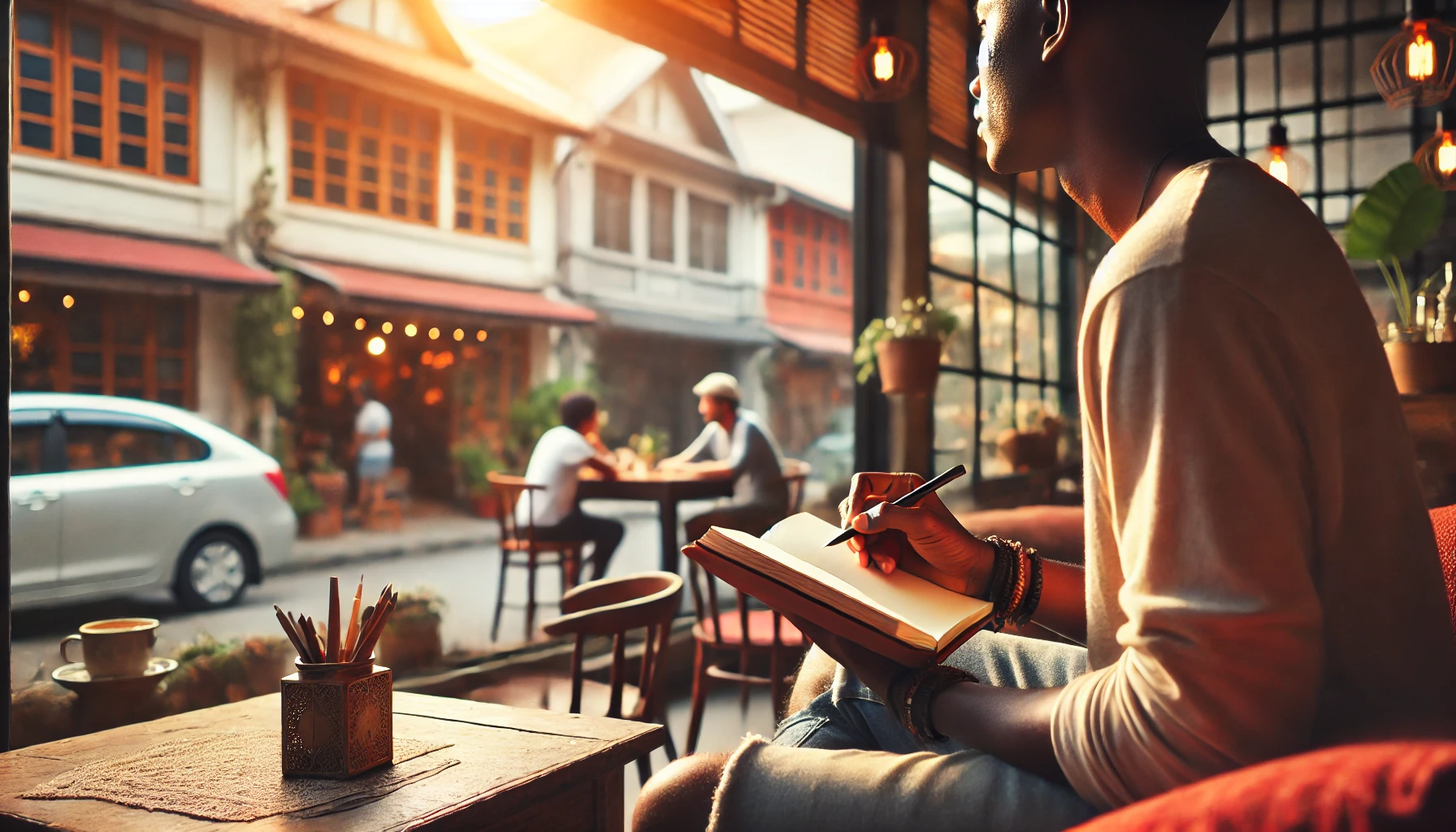 A person journaling at a café with a warm and inviting vibe