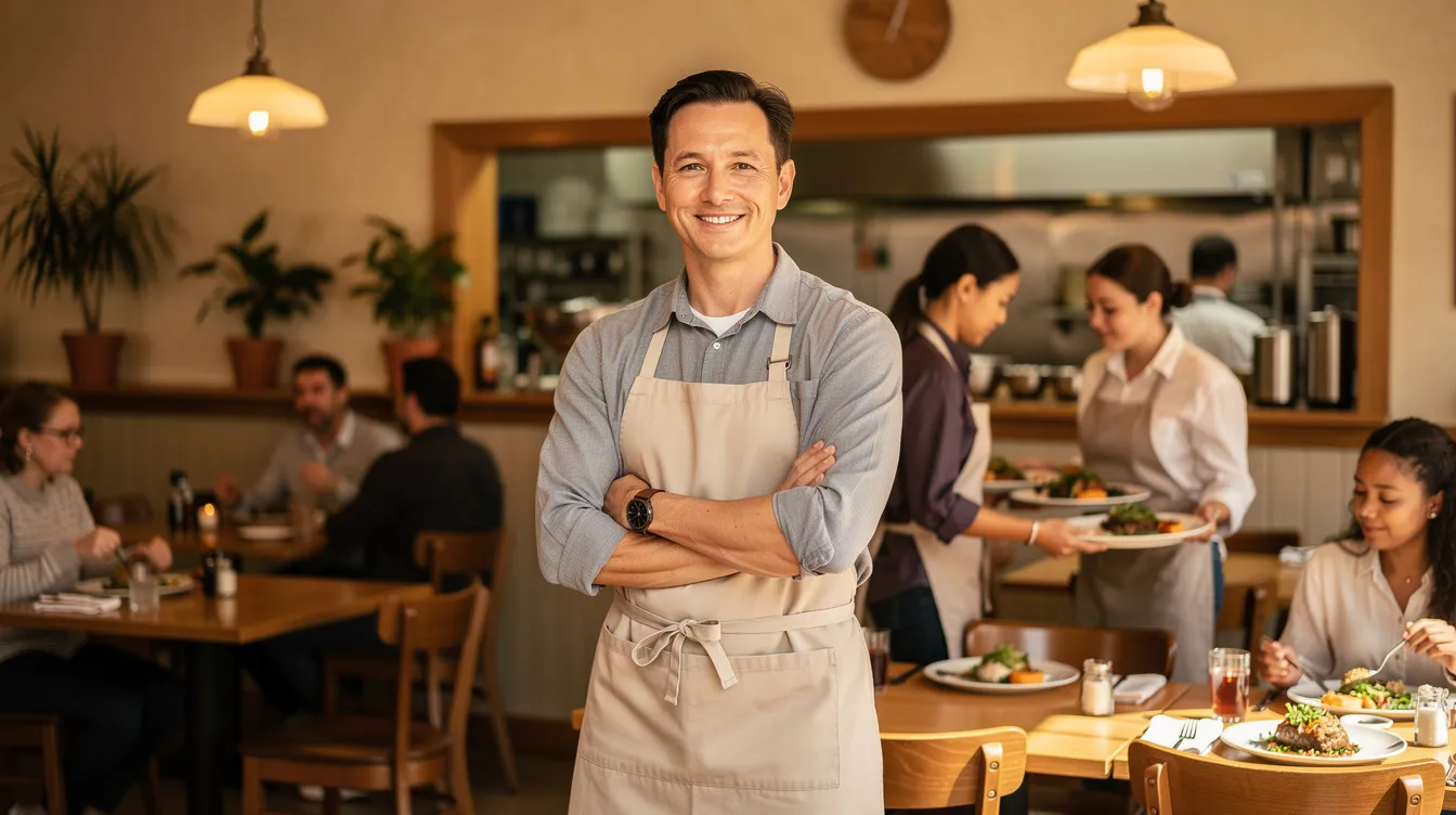 The image depicts a small business owner in a bustling local restaurant, radiating success and confidence while interacting with a team of friendly staff. The scene captures the essence of entrepreneurship, showcasing the owner's dedication to providing excellent service and the supportive environment that helps the business thrive.