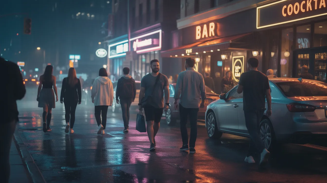 A lively city street at night features people walking past brightly lit bars, including dive bars and cocktail lounges, with soft lighting and the vibrant atmosphere of NYC's East Village. The scene captures the essence of late-night fun, with hints of signature cocktails and the sounds of laughter and music from nearby establishments.