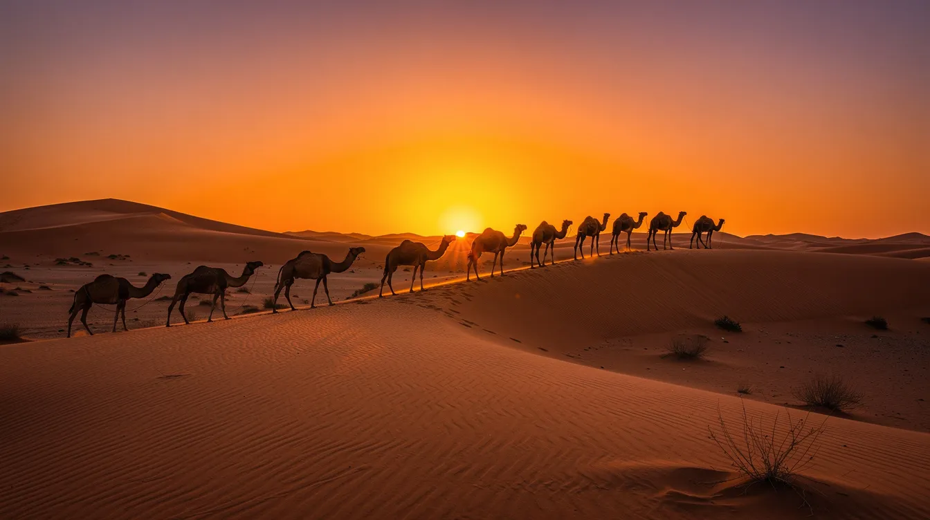 A line of camels is silhouetted against a vibrant orange sunset in the Sahara Desert, with tall sand dunes rising in the background, creating a picturesque scene typical of a Marrakech to Fes desert tour. This striking image captures the essence of a desert adventure, highlighting the beauty of Morocco's landscapes.