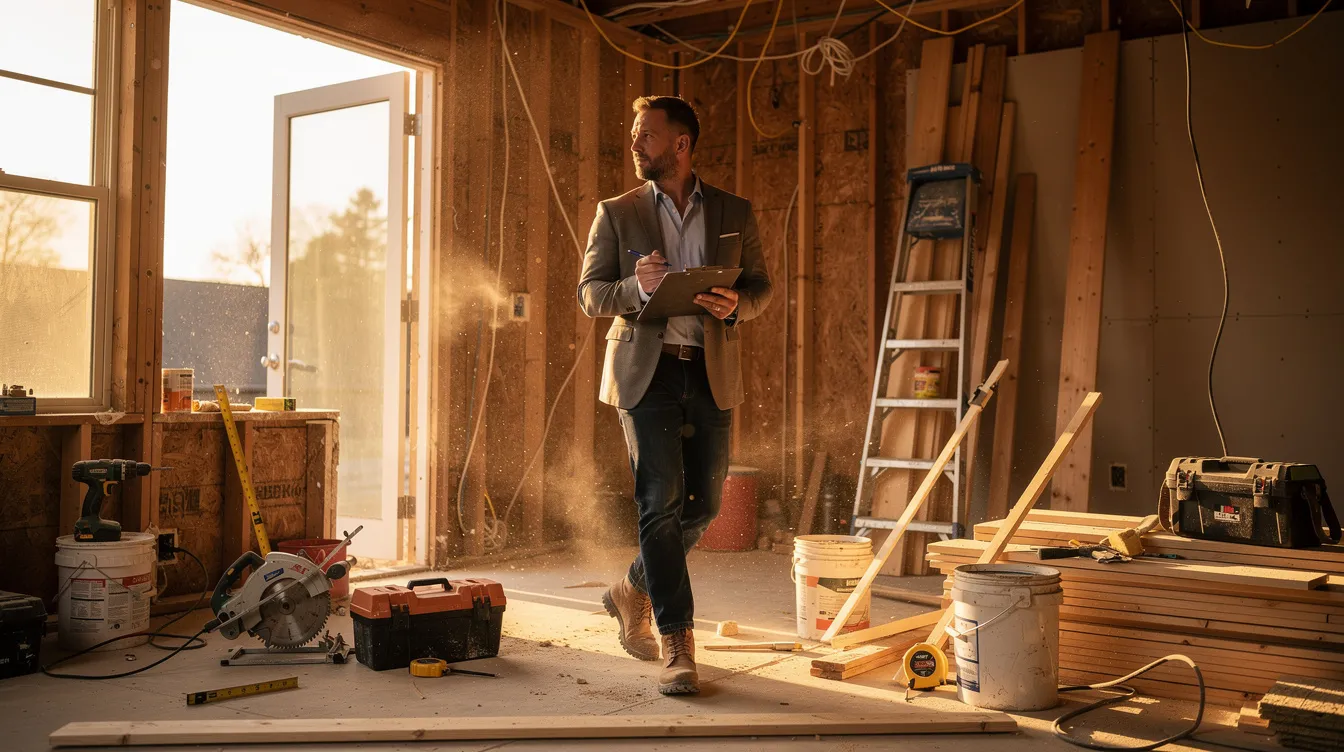 A real estate investor is seen walking through a property undergoing renovation, with various construction tools scattered around. This image reflects the journey of business owners in commercial real estate, highlighting the importance of access to capital and financing options for small businesses.