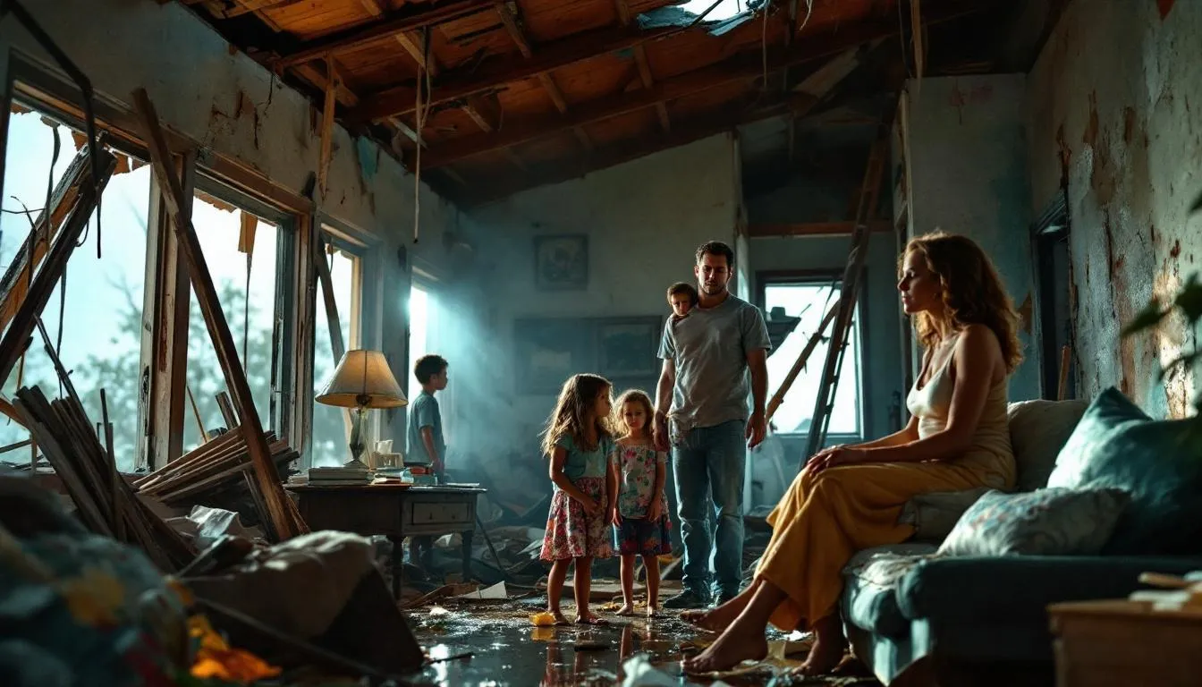 A family inspecting their home for hurricane damage after Hurricane Debbie.