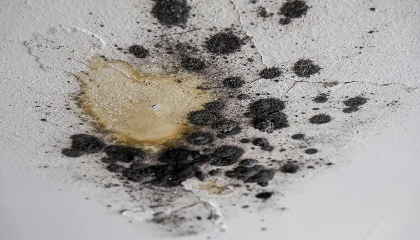 The image shows a close-up view of black mold growth on a white ceiling, prominently located near a noticeable water stain. This mold growth can pose health risks, including respiratory issues and allergic reactions, particularly for susceptible individuals exposed to mold spores in indoor environments.