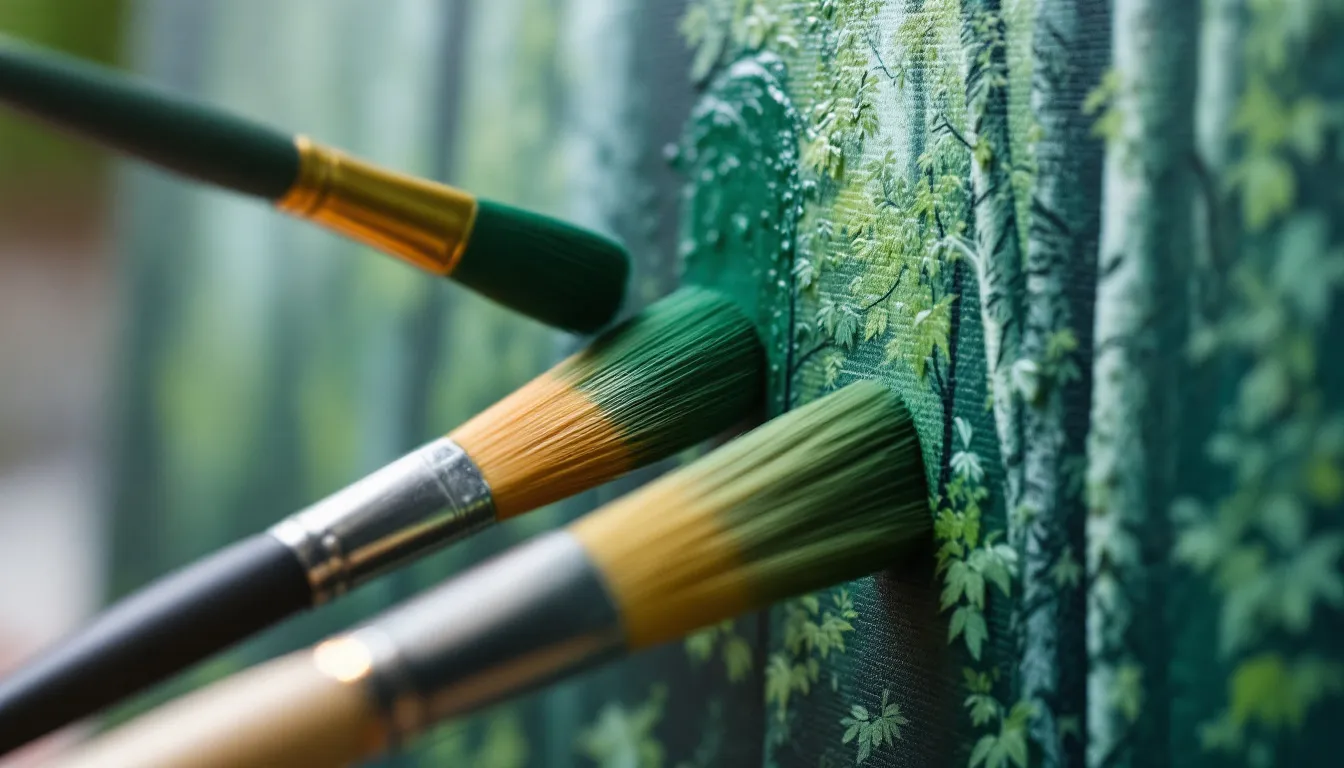 A close-up view showcases painting brushes applying various shades of green acrylic paints to a detailed forest scene, highlighting the painting process and the beauty of nature. This vibrant artwork exemplifies the joy of creating with painting kits, perfect for artists of all skill levels.