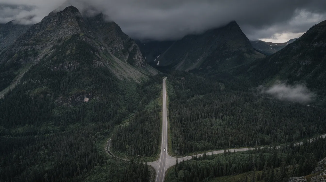 Ein einsames Auto fährt auf einer kurvigen Bergstraße, umgeben von gewaltigen Bergen und dichten Nadelwäldern. Die bedrohliche Wolkendecke verleiht der Szene eine düstere Atmosphäre, die an die Isolation und den Wahnsinn aus "The Shining" erinnert.