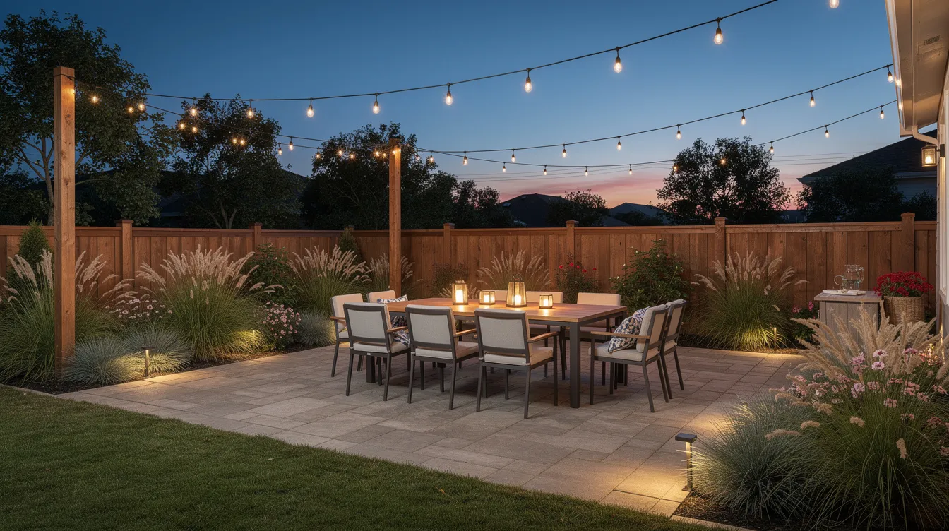 The image depicts a beautifully landscaped suburban backyard featuring a stone patio and an inviting outdoor dining area, surrounded by garden beds filled with ornamental grasses. As dusk settles, string lighting adds a warm glow, enhancing the outdoor living space designed for relaxation and enjoyment.