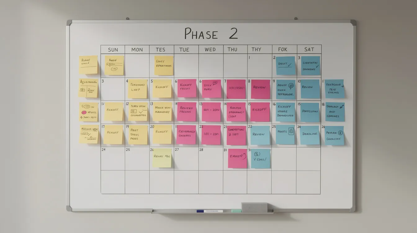 The image features a whiteboard calendar adorned with colorful sticky notes, organized into three distinct phases, symbolizing the structured approach to managing AI development and regulation. This visual representation highlights the importance of clear data handling rules and responsible AI governance in fostering innovation while ensuring safety and compliance.