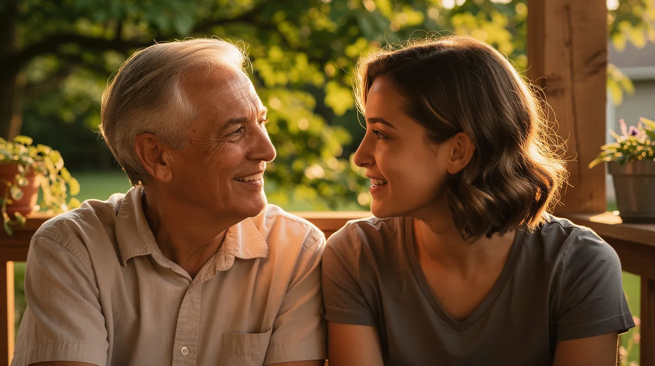 An older adult and a younger family member are seated together on a sunny porch, surrounded by lush green trees, sharing a moment of companionship and support. This scene highlights the importance of family caregivers in providing emotional support and respite care for their loved ones.