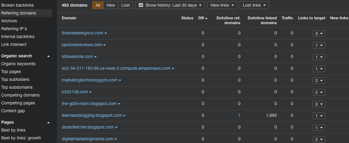 Referring domains analysis on Ahrefs