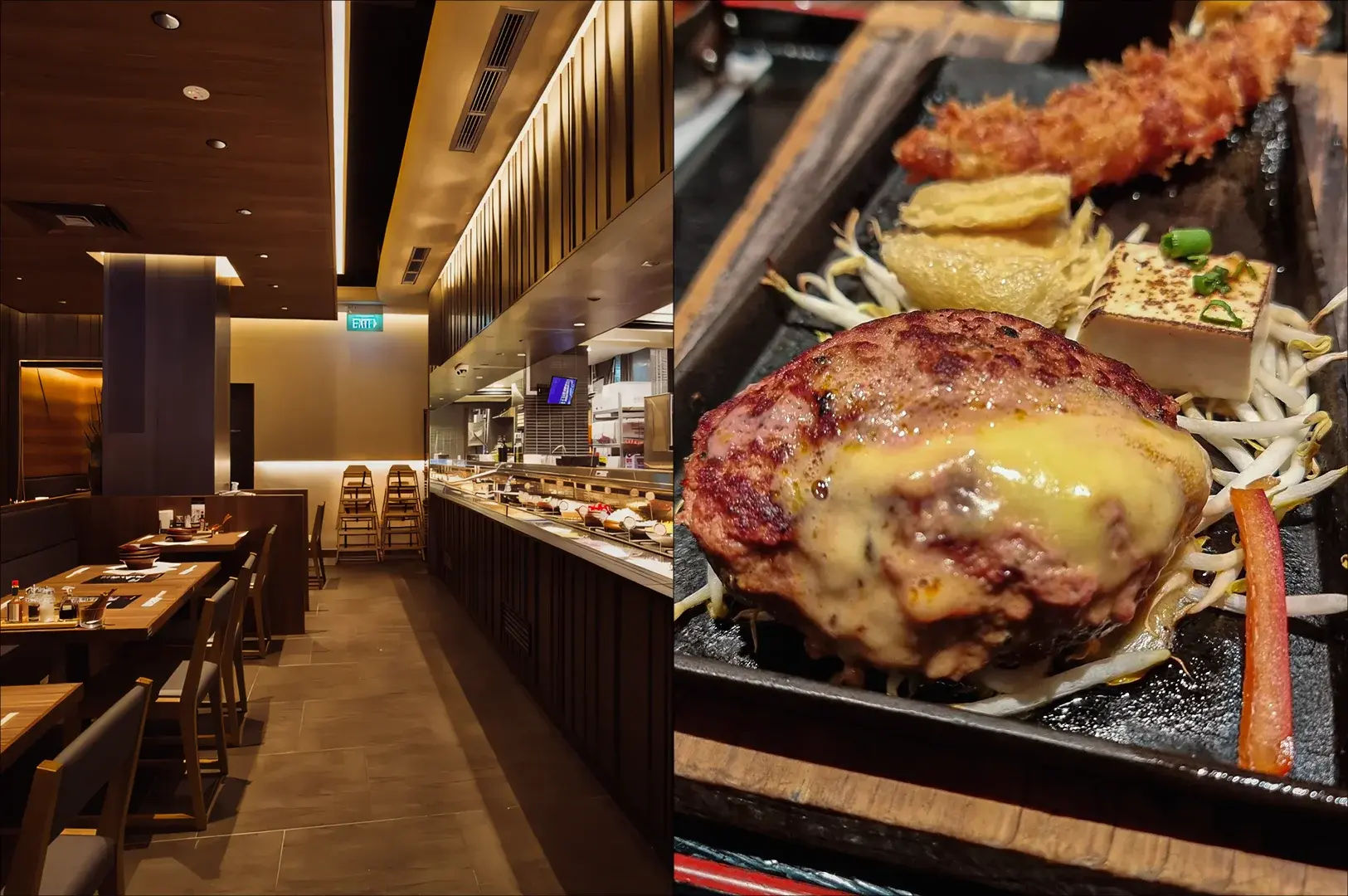 Split image of Hamburg Steak Keisuke dining, left showing a wide-angle interior of a modern Japanese restaurant with warm lighting, wood finishes, and counter seating, and right featuring an eye-level close-up of a sizzling hamburger steak set with cheese, tofu, vegetables, and fried sides.