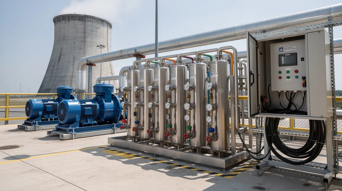 The image depicts a realistic cooling tower filtration system, showcasing various components such as automatic screen filters and sand filters designed to enhance heat transfer efficiency by removing suspended solids from cooling water. The system is engineered for high flow capacity and effective water treatment, ensuring optimal performance in cooling tower systems.