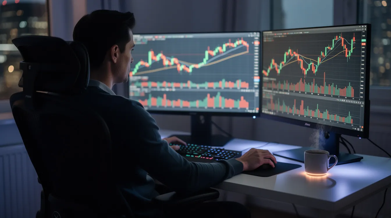 A person is seated at a desk with two monitors displaying vibrant candlestick charts, indicative of day trading activities, while a cup of coffee sits nearby. This scene represents the environment of a day trader analyzing market data and developing trading strategies for potential profits in the financial markets.