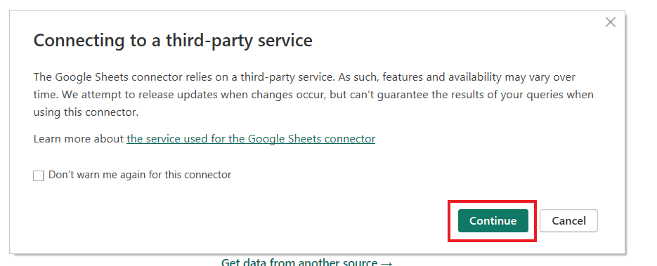 When connecting to google sheet the following error window will appear
