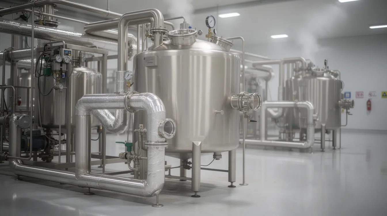 The image shows stainless steel pasteurization equipment in a dairy processing facility, with steam rising from the machinery, indicating the yogurt manufacturing process. This equipment is essential for ensuring the safety and quality of raw milk used in producing various fermented dairy products, including Greek yogurt and plain yogurt.