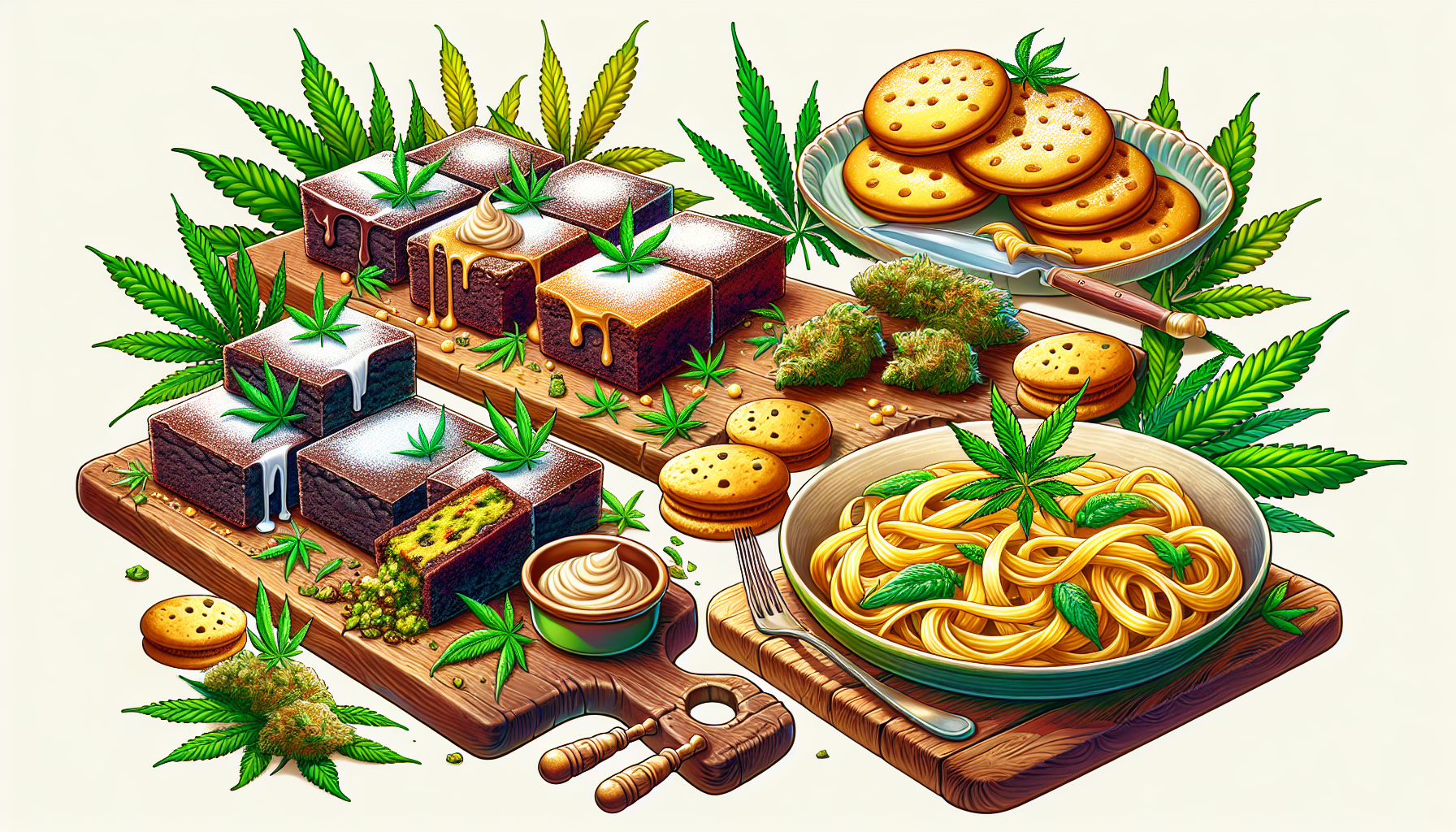 An illustration featuring various creative uses for marijuana butter in cooking.