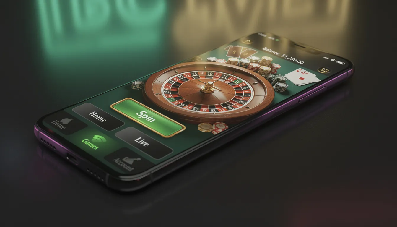 En modern smartphone visar en casinoapp med en användarvänlig gränssnitt, där spelare kan börja spela casino utan registrering. Skärmen visar alternativ för insättningar och uttag, samt erbjudanden om free spins och snabba uttag, vilket gör det enkelt för spelare att komma igång.