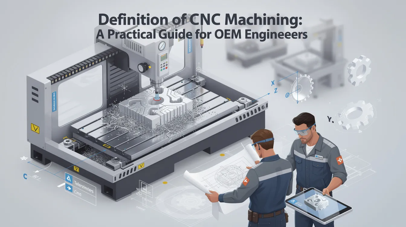 The image illustrates the definition of CNC machining, showcasing various CNC machines such as CNC mills and lathes, which utilize computer numerical control technology to automate the machining process. It highlights the use of rotating cutting tools and the precision involved in creating complex shapes for applications in modern manufacturing, including aerospace components and medical devices.