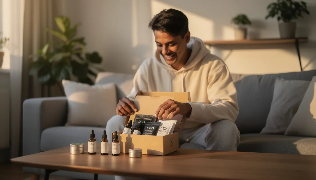 Eine Person sitzt entspannt zu Hause und öffnet ein Paket mit hochwertigen Cannabinoid-Produkten, darunter CBD-Öl und Blüten, die für ihre entspannende Wirkung und Bio-Qualität bekannt sind. Die Atmosphäre vermittelt ein Gefühl von Wohlbefinden und Stressabbau im Alltag.
